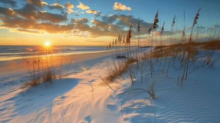 A serene and peaceful sunrise illuminating the beach, with tall grasses swaying in the breeze, creating a perfect and tranquil start to the day by the shore.