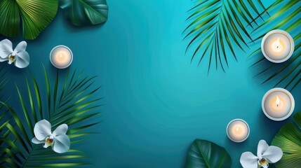 Obraz premium Tropical leaves, flowers, and candles on teal background, relaxing mood