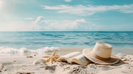 A sunhat, starfish, sea shell, and open book rest on the sand against the backdrop of a blue sky and calm ocean, epitomizing a perfect beach moment.