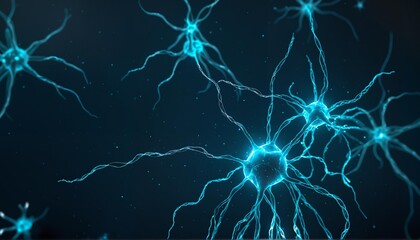 Neurons in the brain with glowing nodes and connections signal transmission and nerve impulses.