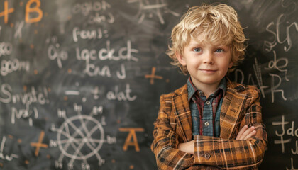 A young boy stands in front of a blackboard covered in math equations, focusing on the problems