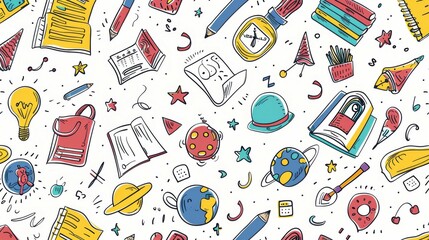 This image features colorful educational doodles including books, planets, pencils, and various school supplies scattered on a white background, creating a lively scene.
