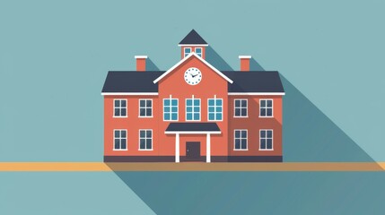 A detailed vector illustration showcasing the facade of a classic school building with a clock and chimneys, exemplifying traditional educational architecture in a simplified cartoon style.
