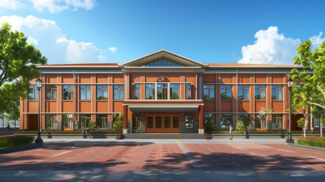 An elegant two-story red building with large windows, white trim, and a welcoming entrance set against a blue sky, symbolizing sophisticated and stable modern living spaces.