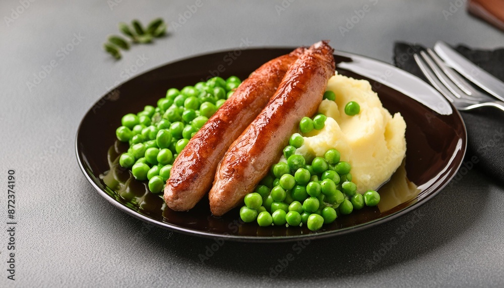 Sticker pork sausages with creamy mashed potatoes gravy sauce and green peas on black plate on dark grey background