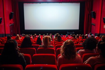 Audience watching a blank white screen in a modern movie theater