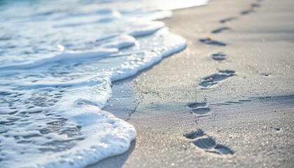 Tranquil Beach Scene with Footprints in the Sand and Gentle Waves