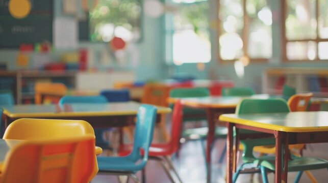 An empty classroom featuring colorful chairs and tables awaits students' return, capturing the anticipation and readiness for learning, set in a bright and inviting environment.