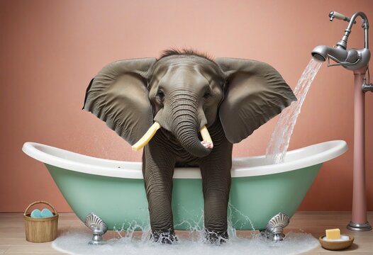 cute illustration og baby elephant in bathtub with shower