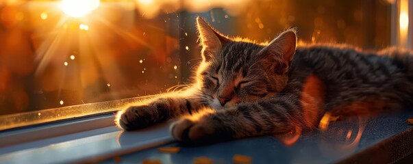 Cat lounging on a cozy windowsill, warm sunlight, high detail, relaxed and content expression, high resolution, soft and inviting ambiance, detailed fur texture