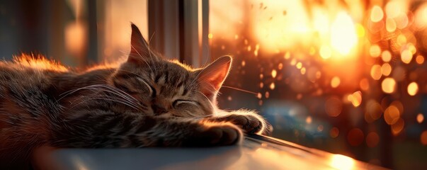 Cat lounging on a cozy windowsill, warm sunlight, high detail, relaxed and content expression, high resolution, soft and inviting ambiance, detailed fur texture