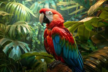 Obraz premium Majestic Macaw Perched in Vibrant Tropical Jungle Canopy