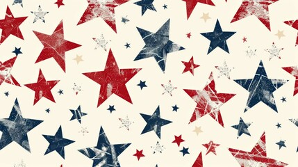 A vintage pattern of red, blue, and beige stars against a distressed background, reflecting a sense of patriotism, heritage, and timelessness through its rustic design.