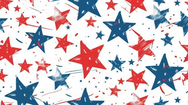 A pattern featuring distressed red and blue stars on a white background, conveying a sense of vintage patriotism, history, and resilience through its grunge artistic style.