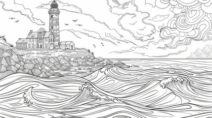 Fototapeta premium A detailed black and white coloring page featuring a lighthouse on a rocky shore, ocean waves, birds in the sky, and turbulent clouds swirling overhead.