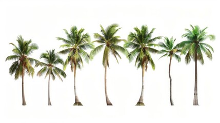 A detailed depiction of different palm trees arranged in a single file against a white backdrop, capturing the diverse beauty of tropical trees, ideal for nature-themed projects.