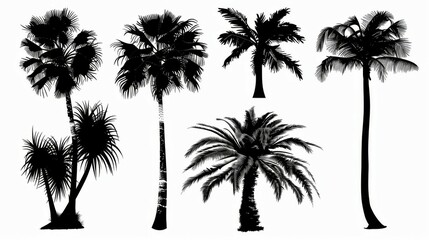 A vector image featuring silhouettes of various types of palm trees with differing structures and leaf styles, ideal for tropical and nature-themed designs.