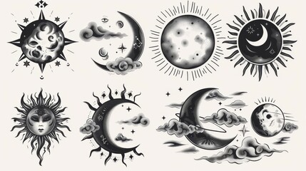 This image showcases whimsical celestial art, featuring the sun, moon, and clouds with added stars, depicting a magical representation of the universe in black and white.