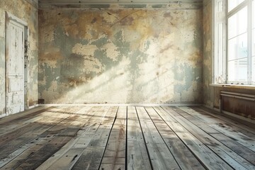 old room with grunge wall and wooden floor