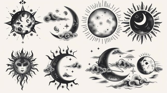 This image showcases whimsical celestial art, featuring the sun, moon, and clouds with added stars, depicting a magical representation of the universe in black and white.