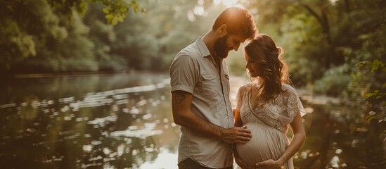 Couple Embracing Pregnancy in Nature Setting. A couple lovingly embracing a pregnant belly by a serene lake, surrounded by lush greenery in a natural setting. Banner with copy space