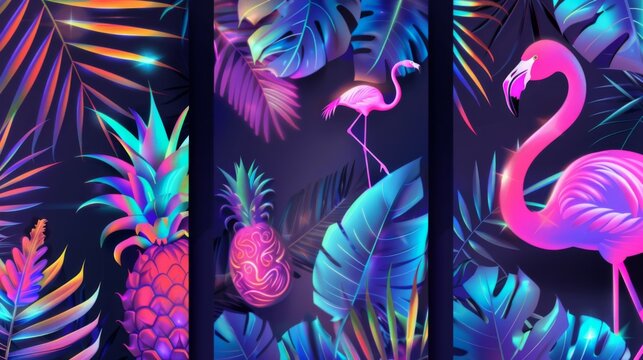 A vibrant and colorful tropical image featuring neon flamingos and pineapples surrounded by lush leaves, highlighting a lively and exotic atmosphere.