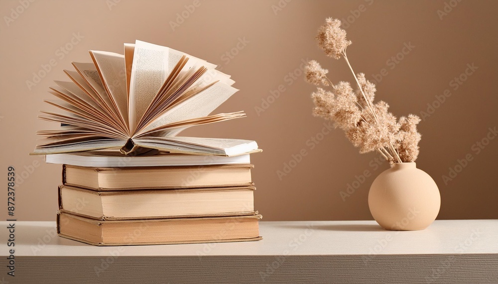 Poster light brown and neutral aesthetic book stack background with copy space