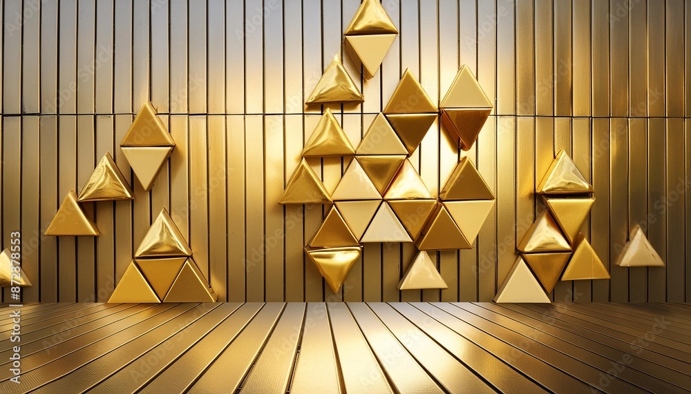 Poster 3d triangular wall background with tiles gold glossy tile wallpaper with luxurious blocks 3d render