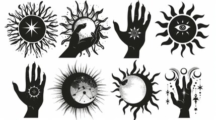 This image illustrates abstract hands and celestial symbols in black ink, including stars, suns, and moons, intricately drawn to evoke a sense of mysticism and cosmic connection.