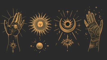 This image portrays elegant hands adorned with suns, moons, and various celestial elements, depicted in a blend of gold and black, evoking a sense of astrology and magic.