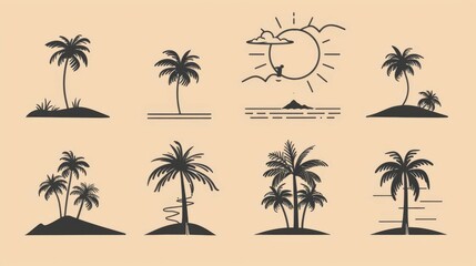 This image includes minimalist silhouettes of palm trees placed on various backgrounds, each presenting a simple yet elegant depiction of tropical scenery and coastal vibes.
