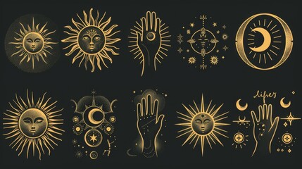 A captivating collection of gold-themed illustrations featuring celestial hands and sun symbols, conveying themes of spirituality and cosmic energy in an artistically rich style.