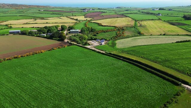 A Typical Irish Farm landscape from a UAV Drone showing green fields