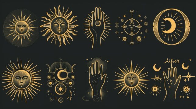 A captivating collection of gold-themed illustrations featuring celestial hands and sun symbols, conveying themes of spirituality and cosmic energy in an artistically rich style.