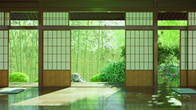 Sunny Japanese Garden View from Traditional Tatami Room. loop animation. animated background.