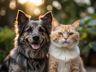 portrait of a cute cat and a dog looking at camera