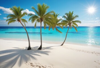 Beautiful seascape tropical beach with white sand and palm tree, turquoise water of ocean on bright hot sunny day