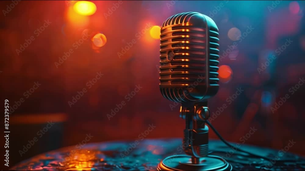 Poster this classic microphone on a stage with colorful lights. podcast and streaming concept