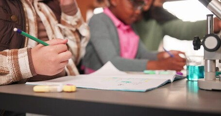 Pencil, notes and student for science experiment, writing and classroom for chemistry education. Scientist, teaching and learning in school with teacher, young girl person and hand in laboratory