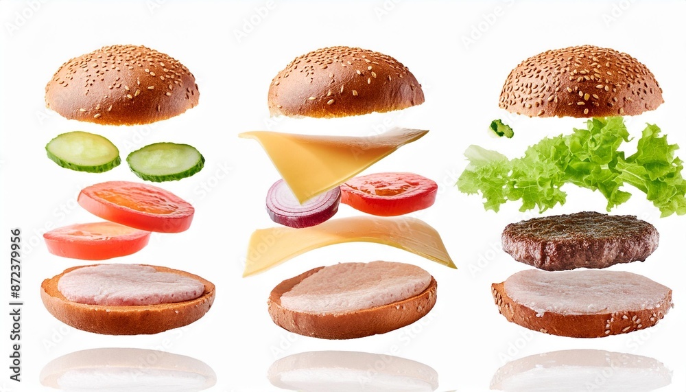 Poster flying parts of hamburger isolated on white