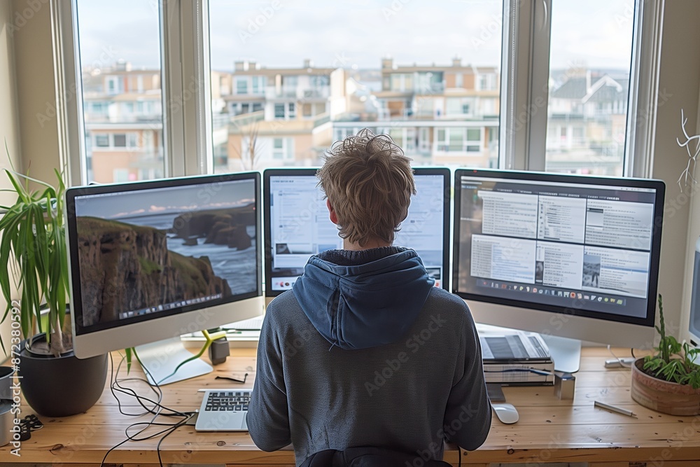 Poster man working on multiple computers in a home office with a view of city buildings