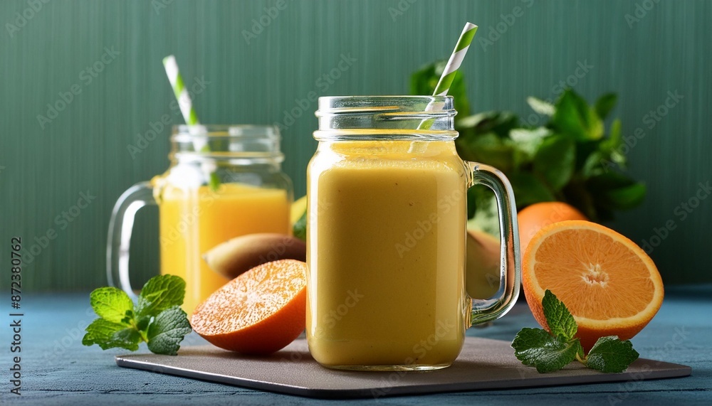 Poster freshly blended yellow and orange fruit smoothie in glass jar with straw