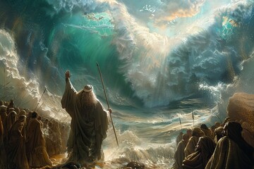 Moses striking the rock at Horeb with his staff, causing water to miraculously gush forth. Astonished Israelites rush to collect the water, while Moses stands resolute, his faith and leadership eviden