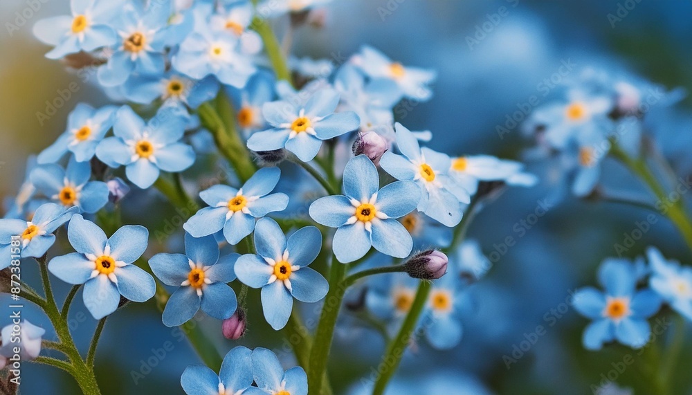 Sticker background of forget me nots flowers close up with blue tinting