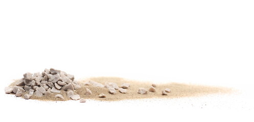 Small quartz stones and fine sand pile, isolated on white, with clipping path, side view	