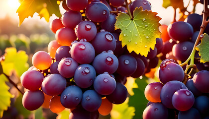 saftige Weintrauben mit Tautropfen hängen mit Blättern an Rebstock im warmen Licht der goldenen Stunde mit glitzernden Sonnenstrahlen, reife Früchte  Ernte Herbst Wein Laub blau lila Nahaufnahme Essen