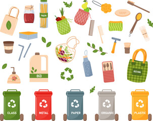 Set of zero waste eco items. Containers for sorting waste. Natural washcloths, eco-friendly bags and string bags. Eco laundry detergents. Lunch box and glass jars and bottles. Illustration