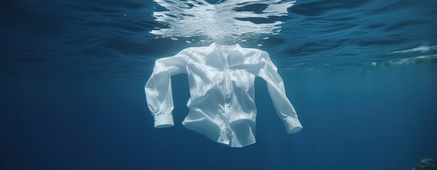A commercial advertisement style showcasing cleaning clothes in a washing machine or with detergent liquid, featuring floating shirts and dresses underwater surrounded by bubbles, wet splashes