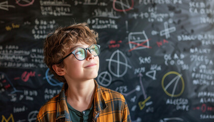 At an event, a cheerful young boy wearing glasses is smiling next to a blackboard