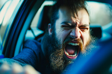 Bearded young man road raging, yelling from the car closeup shot